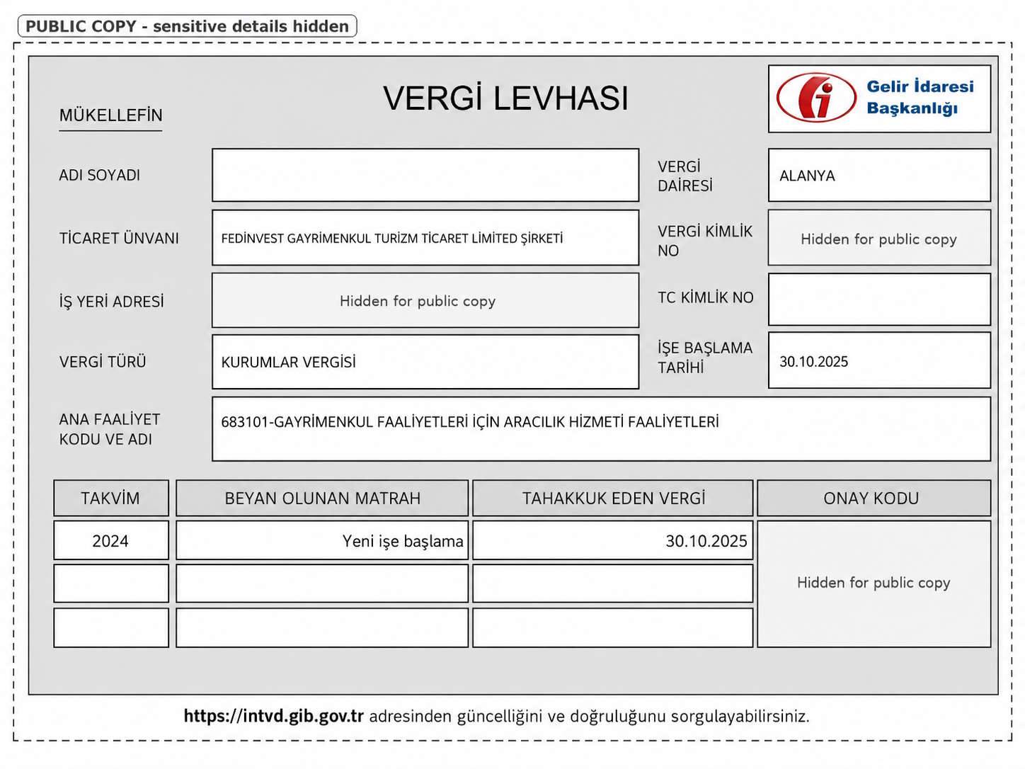 Vergi levhası FEDİNVEST